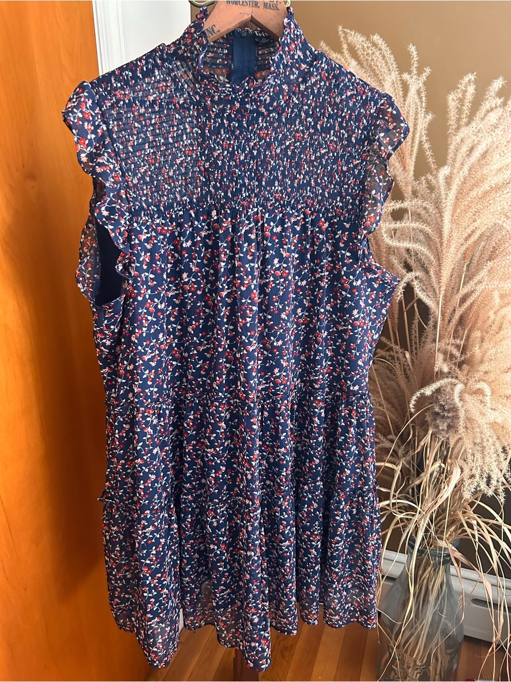 Vintage Style Floral Tunic Top - Navy with Red & Cream Floral Print